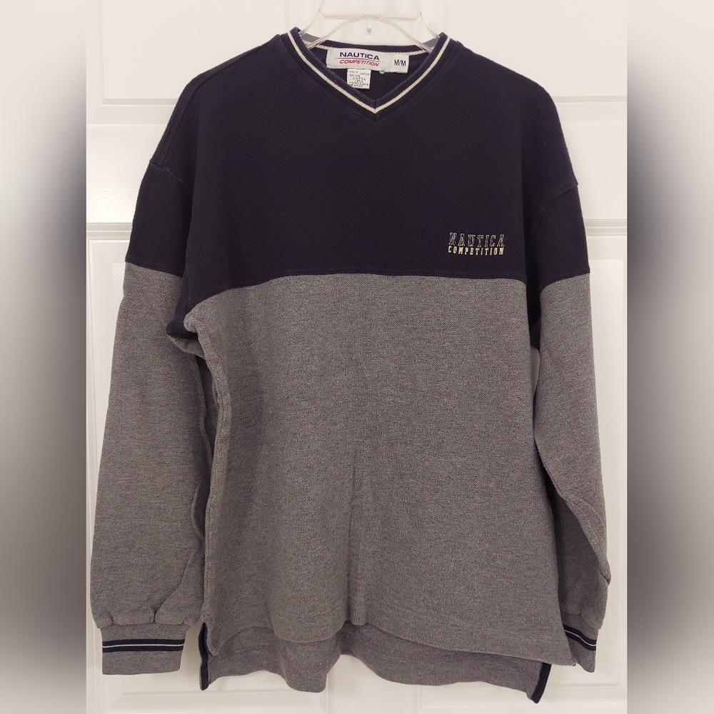 NAUTICA | Med. VTG 1990s Navy Blue/Gray Competition Streetwear V-neck Sweater